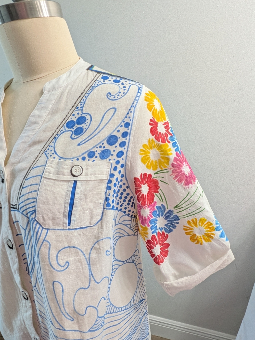 Lane Bryant Embellished Floral Graphic Linen Button Down Shirt OOAK 22/24 - Picture 5 of 12